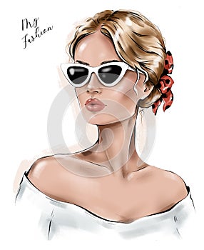 Beautiful girl in sunglasses. Fashion blond hair woman. photo