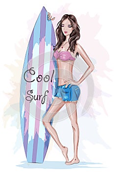 Beautiful girl with surfboard. Sketch. Pretty sport girl. Fashion woman.