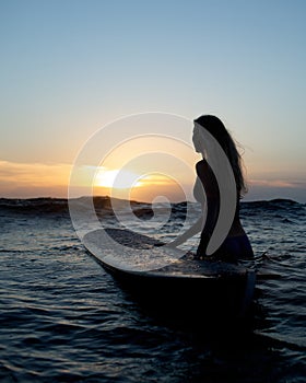 beautiful girl with a surfboard at sunset.