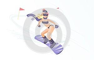 Beautiful girl in swimsuit riding snowboard - vector