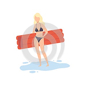 Beautiful Girl in Swimsuit Standing with Air Mattress, Young Woman Relaxing on Beach on Summer Vacation Vector