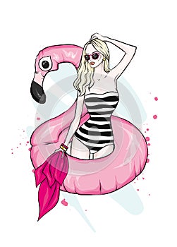 A beautiful girl in a swimsuit with a swimming circle looking like a flamingo. Sea, vacation, vacation. Vector illustration, sketc