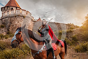 A beautiful girl with a sword in a medieval fantasy suit. A woman in a chain mail, crown, on a horse in combat ammunition. A girl