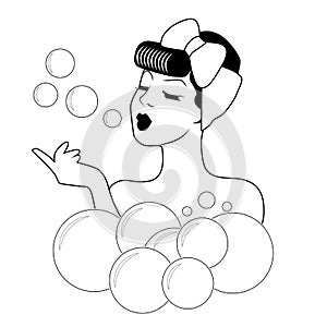 Beautiful girl taking a bath with foam and bubbles. Retro cartoon style isolated on white background