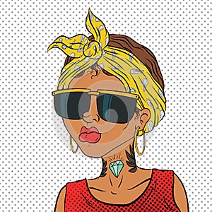 Beautiful girl with a tattoo on her neck in sunglasses Vector illustration in pop-art comic book style
