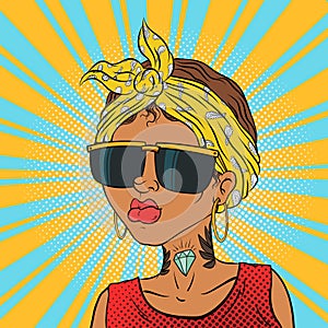 Beautiful girl with a tattoo on her neck in sunglasses Vector illustration in pop-art comic book style