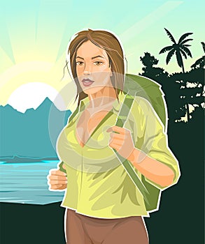 Beautiful girl tourist with a backpack on an adventure. Against the backdrop of a tropical landscape and mountains