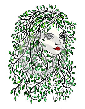 Beautiful girl with tree branches with green leaves as hair.