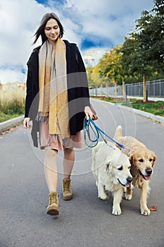 Beautiful girl with two golden retrievers in park