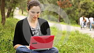 beautiful girl using computer in countryside, phaeton passing behind 2