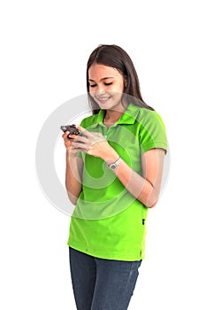 Beautiful girl using smart phone on white background