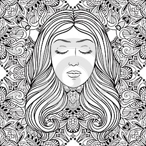 Beautiful girl with wavy hair on orhamental ddecorative pattern, black and white linen illustration