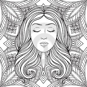 Beautiful girl with wavy hair on orhamental ddecorative pattern, black and white linen illustration