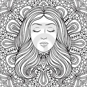 Beautiful girl with wavy hair on orhamental ddecorative pattern, black and white linen illustration