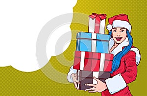 Beautiful Girl Wear Santa Costume Hold Gift Box, Merry Christmas And Happy New Year Concept Retro Pop Art Style