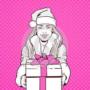 Beautiful Girl Wear Santa Costume Hold Gift Box, Merry Christmas And Happy New Year Concept Retro Pop Art Style