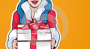 Beautiful Girl Wear Santa Costume Hold Gift Box, Merry Christmas And Happy New Year Concept Retro Pop Art Style