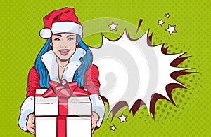 Beautiful Girl Wear Santa Costume Hold Gift Box, Merry Christmas And Happy New Year Concept Retro Pop Art Style