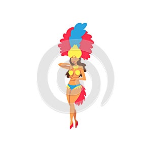 Beautiful Girl Wearing Colorful Festival Costume Dancing, Brazilian Samba Dancer, Rio de Janeiro Carnival Vector