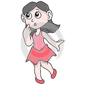 Beautiful girl wearing dress gawking faced thinking, doodle icon image kawaii