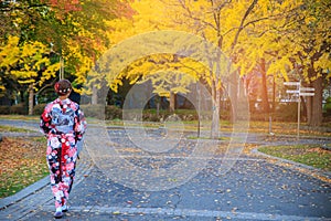 Beautiful girl wearing japanese traditional kimono in autumn. Autumn park in Sapporo, Japan. The colourful Kimono and the