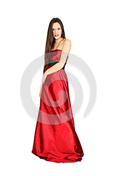 Beautiful girl wearing long red dress