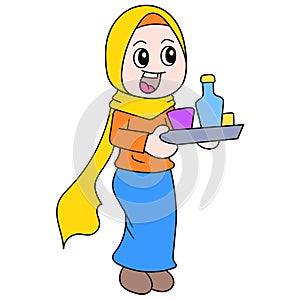 Beautiful girl wearing a Muslim hijab brings food to break the fast, doodle icon image kawaii