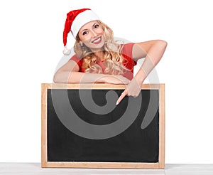 Beautiful girl wearing santa claus clothes, christmas conce