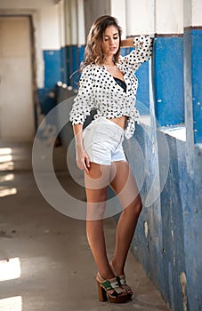 Beautiful girl with white shirt and white shorts posing in old hall with columns blue painted. Attractive long hair brunette