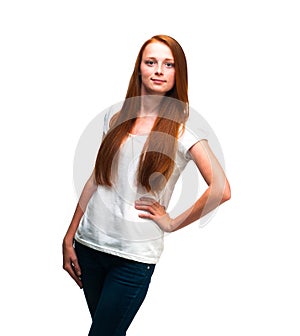 Beautiful girl in a white T-shirt. Isolated on white background