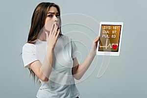 Beautiful girl in white t-shirt showing digital tablet with cardiological app isolated on grey photo
