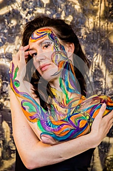 Beautiful girl, woman, body art, drawn drawing on the face close-up