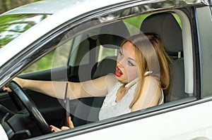 Beautiful girl working while driving car