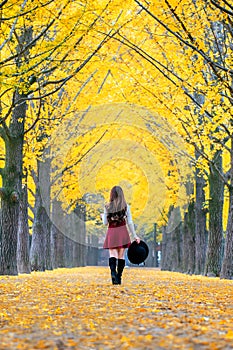 Beautiful Girl with Yellow Leaves in Nami Island, Korea