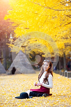 Beautiful Girl with Yellow Leaves in Nami Island, Korea.