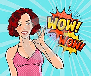 Beautiful girl or young woman in delight. Pop art retro comic style. Cartoon vector illustration