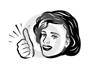 Beautiful girl or young woman showing thumbs up. Retro comic pop art vector illustration