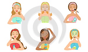 Beautiful Girls Applying Different Facial Masks Set, Women Cleaning and Caring for Skin, Facial Treatments Vector