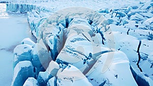 Beautiful glacier in Iceland Close up, Aerial top view. Large chunk of ice in nature, Ecology and global warming concept