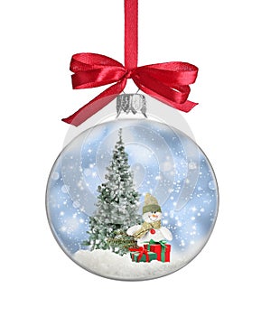Beautiful glass ball with cute snowman toy, Christmas tree and gifts isolated on white