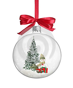 Beautiful glass ball with cute snowman toy, Christmas tree and gifts isolated on white