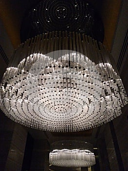 Beautiful glass chandelier that produces the music as wind pass through ts ciylinders and as they mov and touch each other