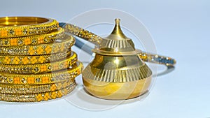 Beautiful Glass & Metal Bangles With Sindoor. Indian Hindu Married Female Traditional Ornaments. photo
