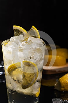 Beautiful glass with sparkling water or other transparent drink and a slices of lemon and ice cubes on black background horizontal