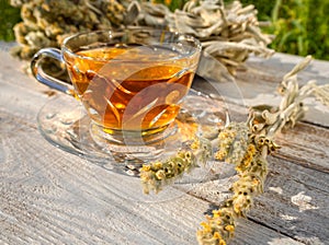 Beautiful glass teacup with Greek mountain herbal Vounou tea tea and dried mountain grass Sideritis syriaca on a wooden table in