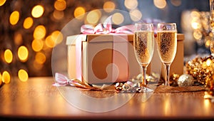 Beautiful glasses champagne, celebrate , festive background gift box with bow party shiny