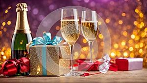 Beautiful glasses champagne, decoration , beverage background gift box bow party shiny