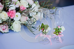 Beautiful glasses of champagne and wine, wedding decor, celebration, close-up