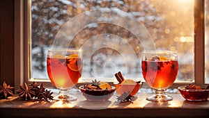 Beautiful glasses with mulled wine, homemade festive holiday , season aromatic star anise wine traditional drink decoration