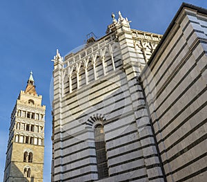 Beautiful glimpse of the historic center of Pistoia, Italy, with Baptistery, Cathedral and Bell Tower on a sunny day